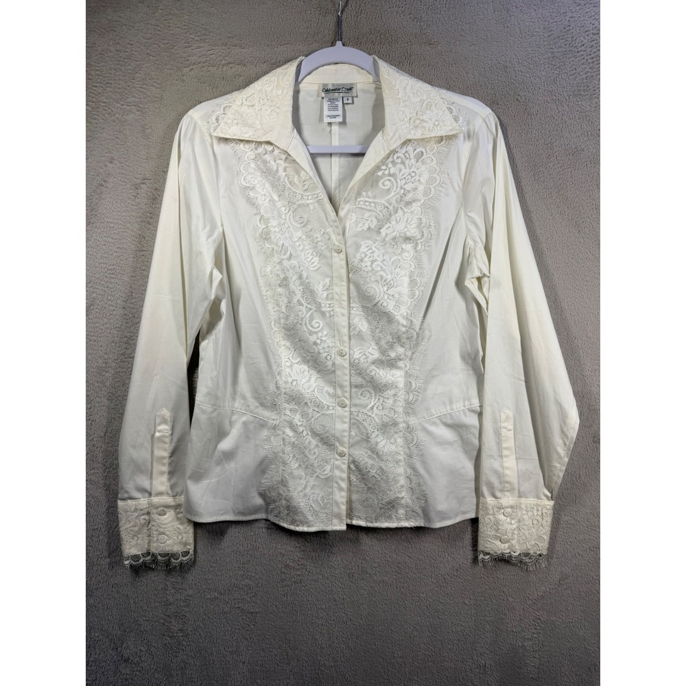 Coldwater Creek Button Up Shirt Womens Small White Lace Trim Long Sleeve Blouse